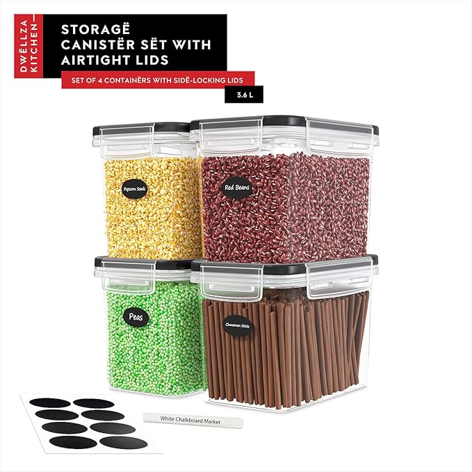 DWËLLZA KITCHEN Airtight Food Storage Container Set - 4 Pieces 3.6L - Plastic BPA Free Kitchen Pantry Storage Containers - Dishwasher Safe - Include 8 Labels and Marker - Keeps Food Fresh & Dry