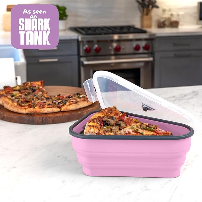 PIZZA PACK The Perfect Reusable Pizza Storage Container with 5 Microwavable Serving Trays - BPA-Free Adjustable Pizza Slice Container to Organize & Save Space, Pink 4 pk