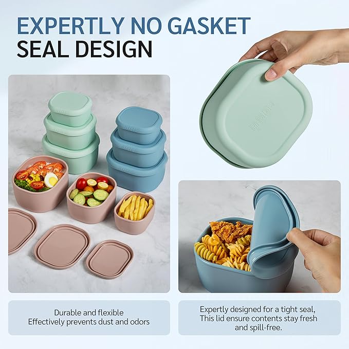 ISSEVE 6Pcs/Set Nesting Silicone Food Storage Containers with Lids, BPA Free Reusable Meal Prep Silicone Containers Lunch Box Bento Box Set (33.8oz, 20oz, 10oz, 6.7oz, 1.3oz) (Blue)