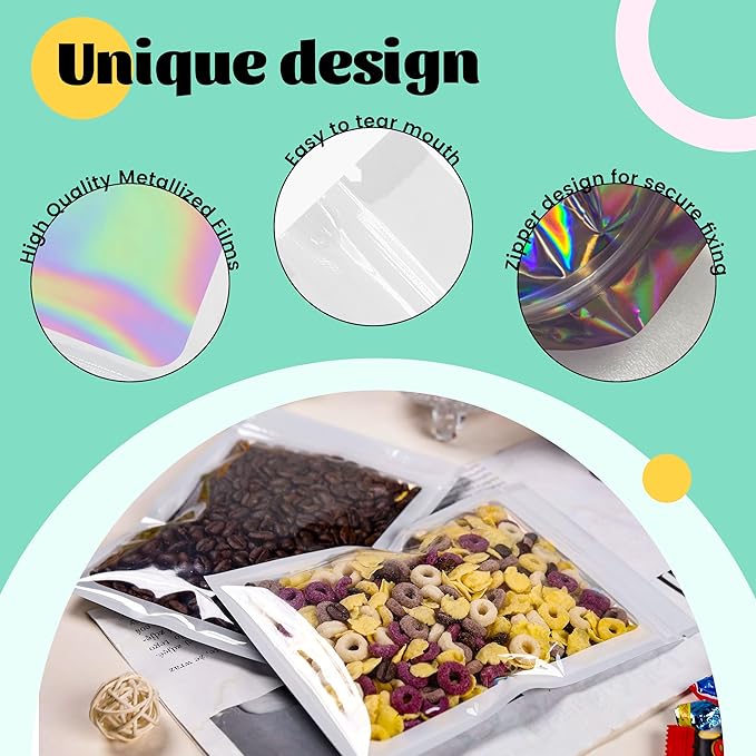 100 Pcs Reusable White Aluminium Foil & Polyethylene Holographic Bags with Clear Window & Self Seal Closure, 5.5x8Inch, Smell Proof & Leak Resistant Food Storage & Packaging Bags