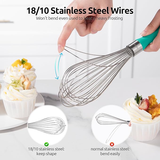 18/8 Stainless Steel Measuring Spoons Set for Dry and Liquid Ingredients (Set of 5), and 18/10 Stainless Steel Balloon Whisk for Kitchen Cooking with 12 Flex Wires (Aqua Sky)