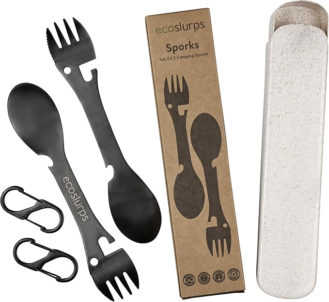 2 Spork Travel Cutlery Set - Stainless Steel Sporks with Eco-friendly Travel Case and Carry Clip - British Brand (2 Sporks)