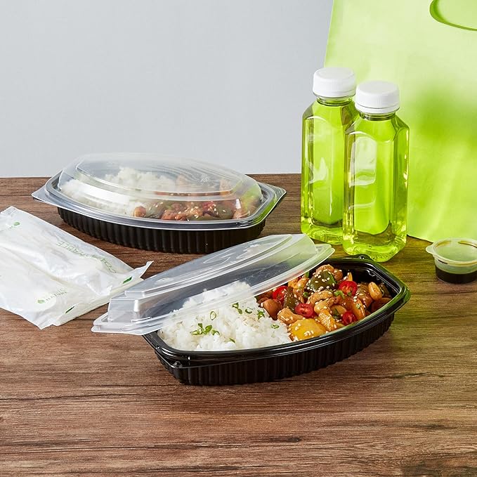 RW Base 21 Ounce Meal Prep Containers, 50 Microwavable To Go Containers With Lids - Disposable, Freezable, Black Plastic Oval Food Containers, Pack Hot And Cold Food, For Takeaway - Restaurantware