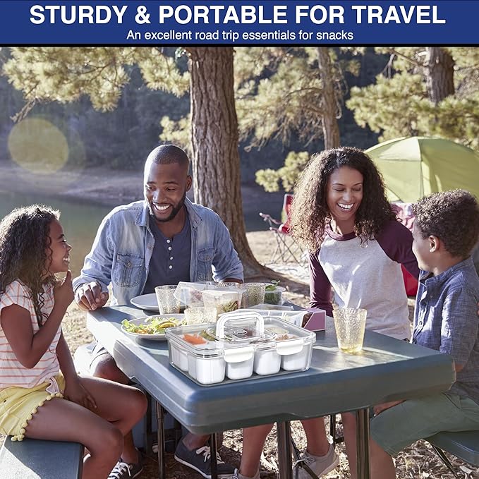 | Snackle Box Container, Divided Serving Tray with Lid & Handle - Microwave & Dishwasher safe - 8 Compartment Snack Organizer with 4 Regular & 4 Filter Cups for Travel, Picnic, Candy & Fruit