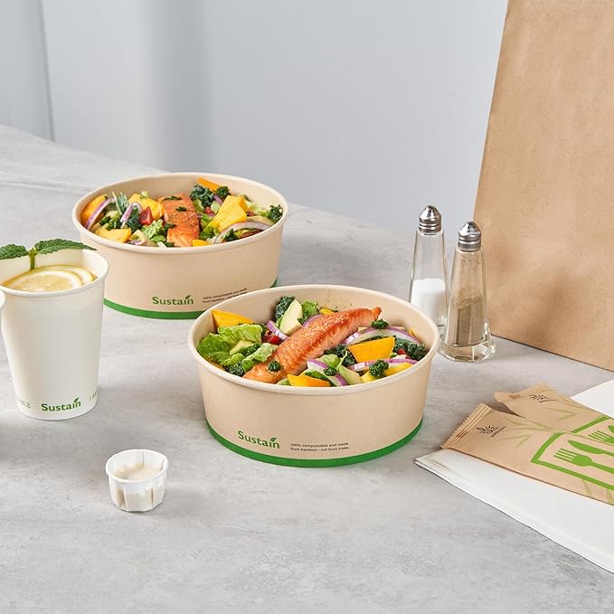 Restaurantware-Sustain 44 Ounce Sturdy Paper Take Out Boxes, 50 Round Take Out Food Containers - With PLA lining, Compostable, Bamboo Paper Containers, Disposable, Greaseproof