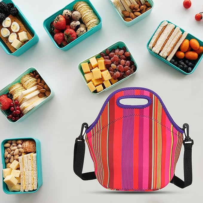 PATIKIL Insulated Lunch Bag, Neoprene Lunch Tote Bag Thermal Portable Lunch Box Food Container with Shoulder Strap for Work Office Picnic Outdoor, Thin Vertical Stripe Pattern