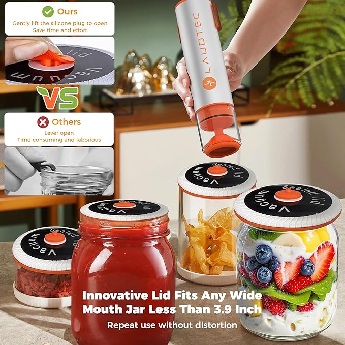 2-in-1 Handheld Vacuum Sealer for Food Storage Bags and Mason Jars (Vacuum Sealer + 30 Reusable Storage Bags + 4 Reusable Wide Mouth Jar Lids)