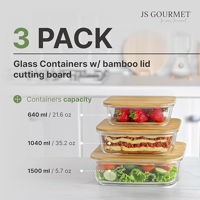 3 Pcs Glass Food Storage Containers with Bamboo Cutting Board and Airtight Lid, Ideal for Preparing and Storing Meals, Food, Fruits, Salad and more Ingredients (22oz, 35oz and 51oz)