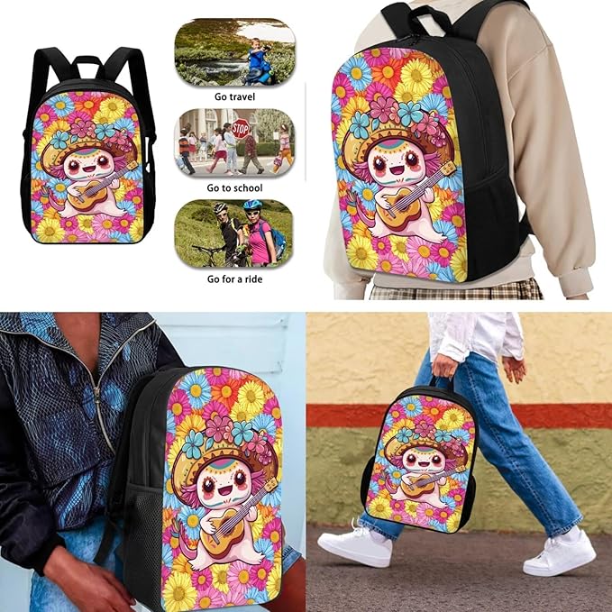 Dolyues Colorful Flower Axolotl Girls' Cute Backpack Set with Insulated Lunch Box & Pencil Case - Perfect for Kindergarten, Elementary & Middle School