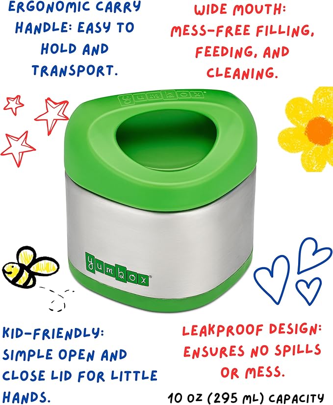 Yumbox Cubi Triple Insulated Stainless Steel Thermal Jar for Hot & Cold Lunches, Kids Size, Easy Open and Carry Handle, Unique Rounded Square Jar and Non-Slip design (Apple Green)