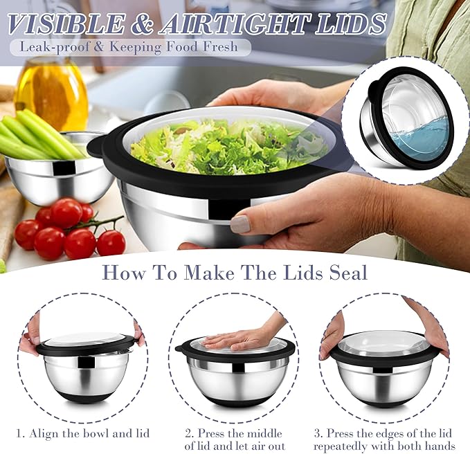 TeamFar Mixing Bowls with Lids Set of 6, Stainless Steel Metal Salad Bowls with Non-Slip Bottom, For Mixing Serving Prepping, Healthy & Heavy Duty, Black,4.6/3.5/2/1.5/1/0.7 QT