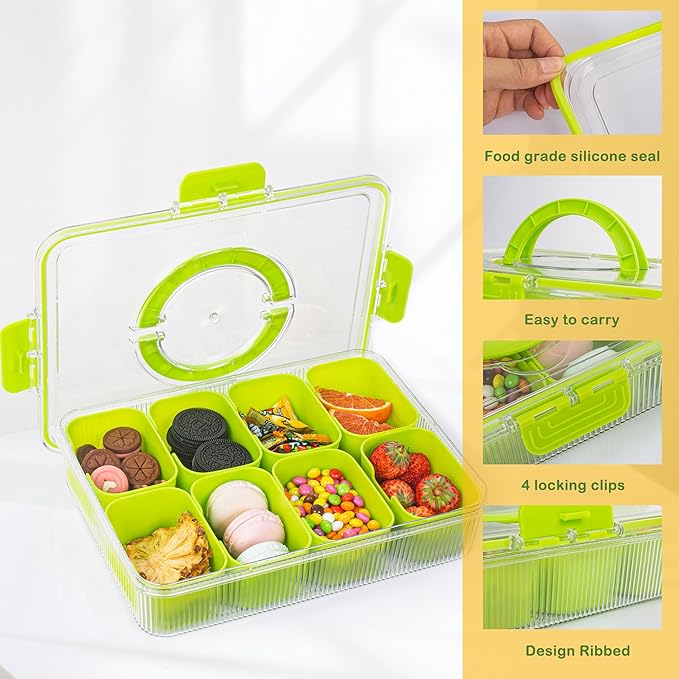 Patent Design Ribbed Snackle Box Container Divided Serving Tray with Lid and Handle -Charcuterie Container Portable Storage Organizer for Candy, Fruit, Beach, Picnics(1 pcs, Green)