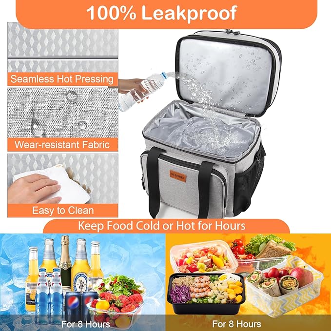 Double Deck Large Lunch Box, Insulated Heavy Duty Lunch Bag Waterproof Leakproof Durable Cooler Bag for Men Women Adults Work Picnic Camping Daytrip,16L,Grey, GLENKEY