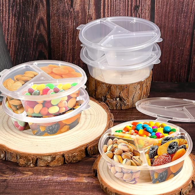 30 Pcs 3 Compartment Condiment Containers with Lids Disposable Sauce Cups 5 oz Small Plastic Snack Containers Portion Cups for Salsa Dips Dressing