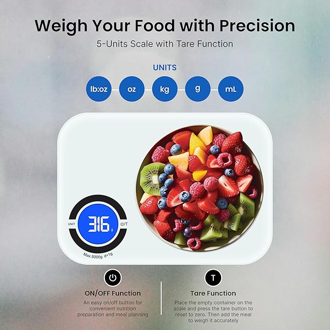 NextLevelFit Smart Kitchen Scale- Digital Weight Grams and Oz Food Scale with Nutritional Calculator for Weight Loss, Accurately Track Calories & Macros with Bluetooth Fitness App (White).