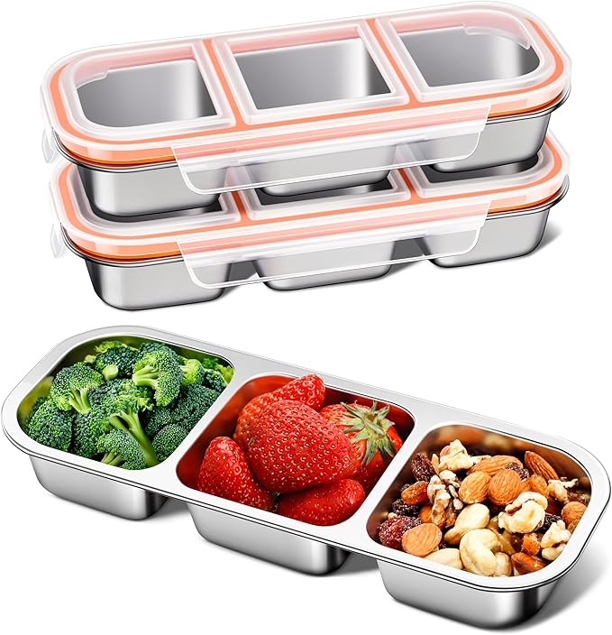 3 Pack Stainless Steel Snack Containers for Kids & Adults - Leek Proof Metal Bento Lunch Box with 3 Compartment - Lunchable Containers for Daycare, School, Work, Travel - Stackable Bento Snack Box
