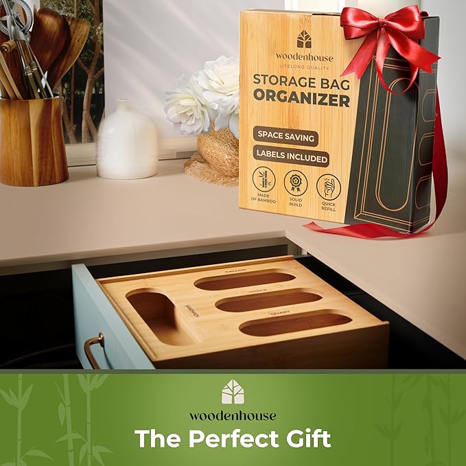 Storage Bag Organizer, Sandwich Bag Organizer - Bamboo Monoblock Design with Labels Included, Quick Refill Slider, by Woodenhouse