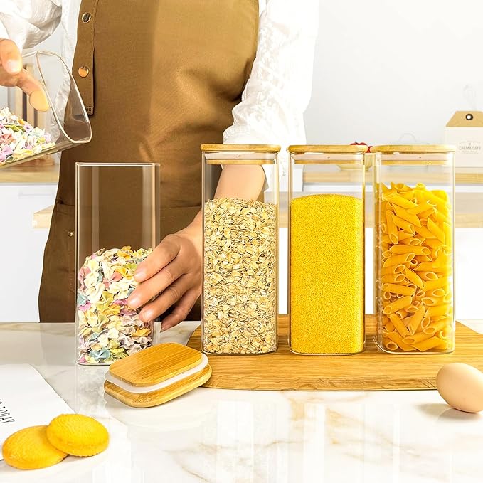 Glass Jars with Bamboo Lids 34 FL OZ, 8 Pack Glass Canisters with Airtight Lid, Square Glass Kitchen Storage Containers for Pasta, Cereal, Coffee, Flour, Sugar, Oats, Beans