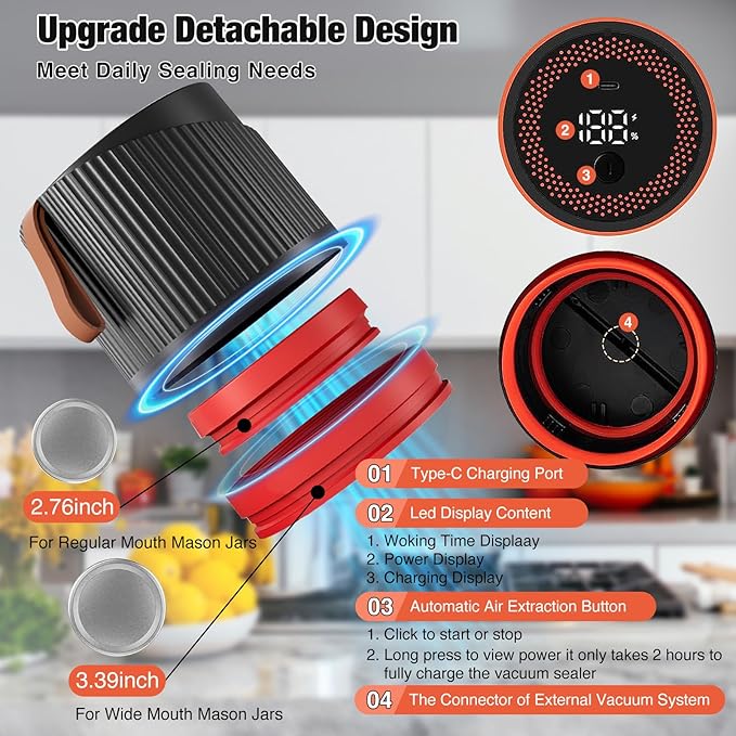 Mason Jar Vacuum Sealer Kit 4 in 1 Electric Black Can Sealer Machine for Food Storage Vacuum Bag Box Wine Bottle Wide Mouth and Regular Mouth Mason Jars