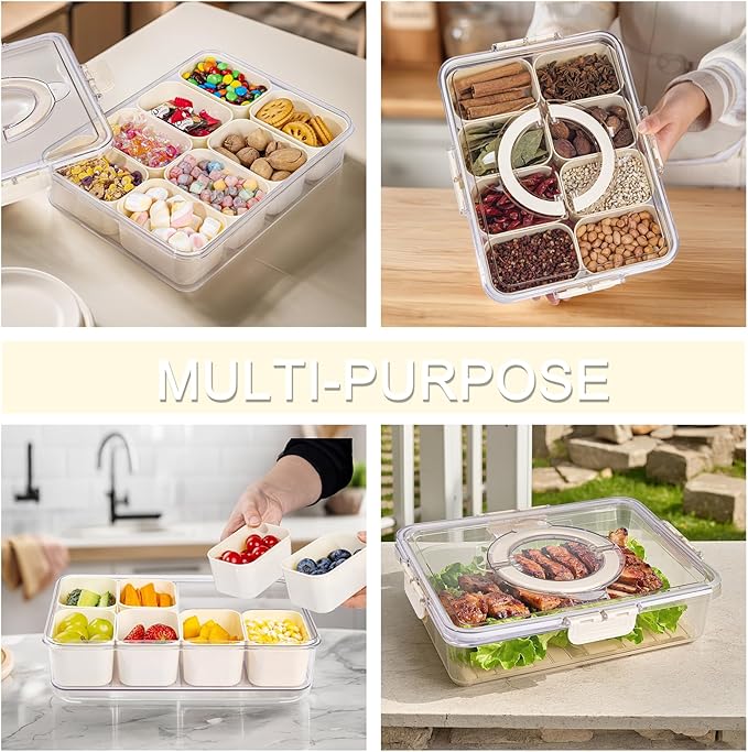 U-QE Dishwasher Safe Snackle Box Container with 8 Small Snacks Box - Premium Ivory Plastic Divided Serving Tray with Lid and Handle for Snack, Veggie, Fruits, Perfect for Party, Picnic, Entertaining