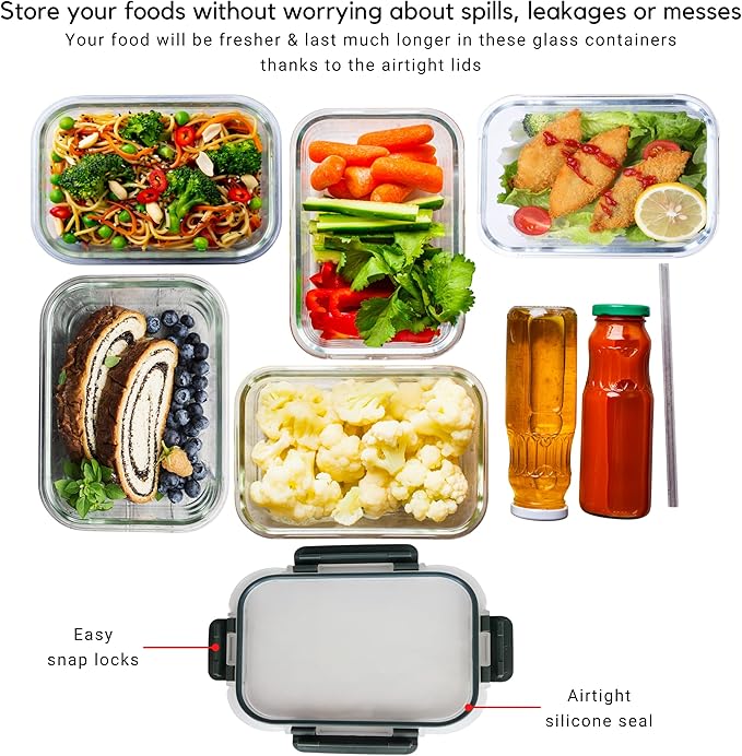 Brieftons Glass Meal Prep Containers: 5 Pack, 35 Oz with Airtight, Leakproof Snap Locking Lids, Perfect for Food Storage, Lunch & Portion Control, BPA-Free, Microwave, Oven, Freezer & Dishwasher Safe