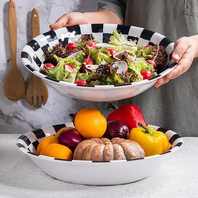 LEHAHA Melamine Large Serving Bowls, Set of 2, Sunflower 13.75" x 2.75" (130 OZ) Pasta and Salad Bowl, Black Plaid Durable for Kitchen, Dishwasher Safe