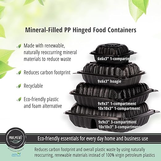 MULMEHË Mineral Filled Polypropylene Plastic Hinged Take Out Food Containers, 9x6x3, Vented Three Compartment, Black, 200 per Case