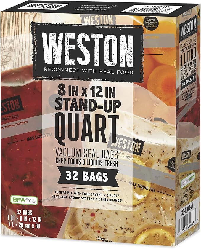 Weston Vacuum Sealer Bags, 8" x 12" (Quart), 32 count Stand-Up for Food and Liquid, 2 Ply 3mm thick, for NutriFresh, FoodSaver & Other Heat-Seal Systems, for Meal Prep and Sous Vide, BPA Free