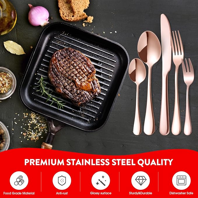 30 Pieces Rose Gold Silverware Set, Stainless Steel Rose Gold Cutlery Flatware Set Service for 6, Home Kitchen Utensil Sets Tableware for Restaurant and Party
