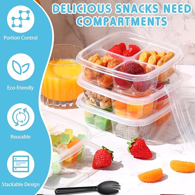 Dandat 50 Pcs Clear Plastic 4 Compartment Snack Containers Compartment Lunch Box with Lids Reusable Divided Snack Containers Clear Lunch Box with 50 Pcs Spork for School (Black)