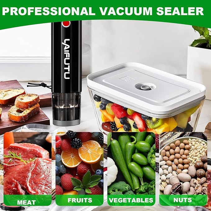 Vacuum Sealer with 5 PCS Reusable Sous Vide Bags, Handheld Compact Vacuum Sealer For Food Preservation, Portable Cordless Sealer Machine Food Fresh for Preserving Vegetables, Fruits, Black