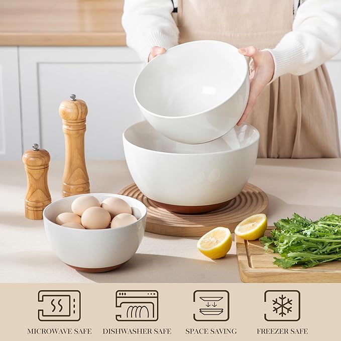 MALACASA Ceramic Large Mixing Bowls, Large Serving Bowls for Cooking, Prepping, Baking, Salad, Soup, Popcorn, Pasta, Nesting Bowls Set of 3, 4.38/2.5/1.44 Qt, Oven, Microwave and Dishwasher Safe
