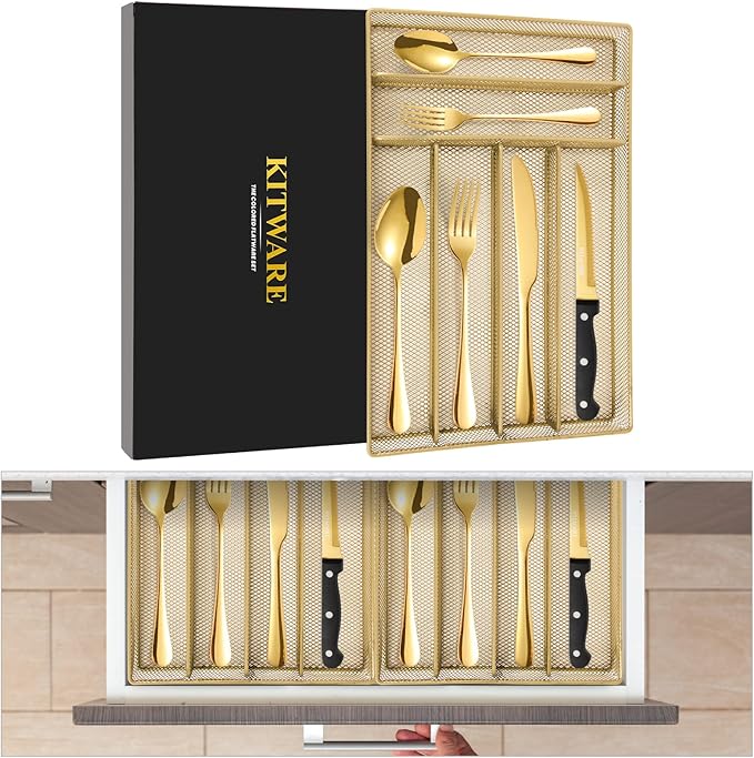 48 pcs Gold Silverware Set with Organizer, Stainless Steel Flatware with Steak Knife for 8, KITWARE Utensil Cutlery with Metal Tray, Home Kitchen Knife Fork Spoon, Mirror Polished