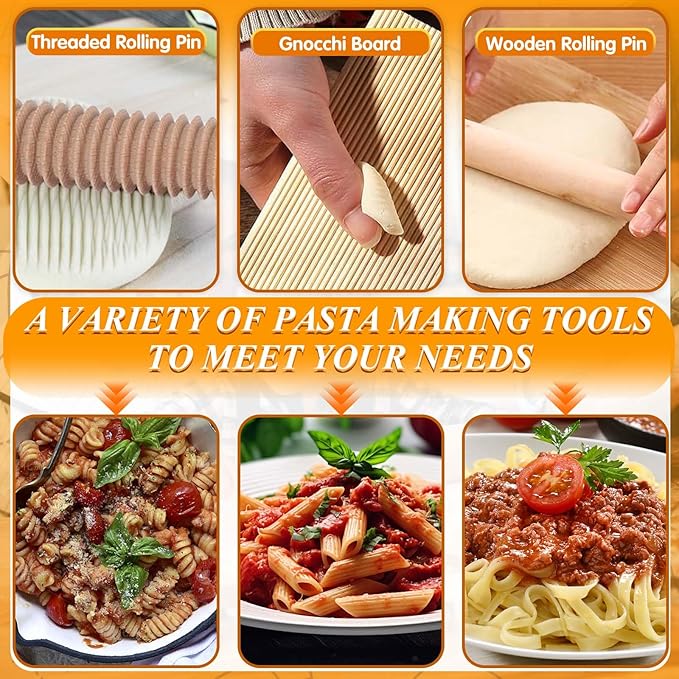 Pasta Making Tools, 10 Piece Wood Pasta Making Kit with 3 Rolling Pins, 1 Gnocchi Board, 1 Dough Cutter, 1 Ravioli Cutter, 1 Ravioli Maker, 2 Pasta Stamps, 1 Baking Mat, Ravioli Pasta Set for Kitchen