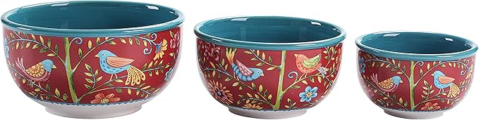 Bico Red Spring Bird Ceramic Bowl with Air Tight Lid Set of 3(27oz, 18oz, 9oz each), Prep bowls, Food Storage Bowl for Salad, Snacks, Fruits, Microwave and Dishwasher Safe