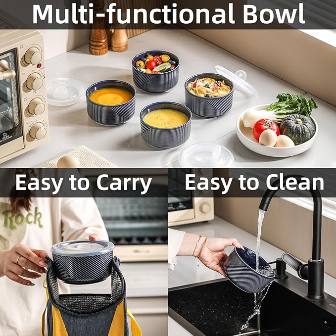 Ceramic Bowl with Lid: 20 oz Microwave Safe Food Storage Container for Soup, Salad, Cereal, Leftovers, Meal Prep, Lunch, Picnic, Camping, Serving - Airtight, Navy, 1 PCS