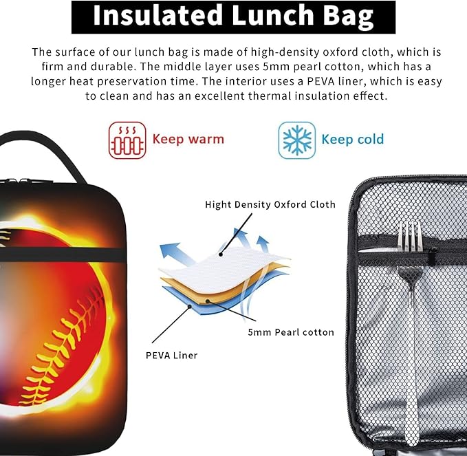 SARA NELL Cool Growing Fireball Lunch Box Baseball Lunch Bag Insulated Reusable Portable Lunch Tote Cooler Bag for Women Men Teens Kids, Office Work School Travel Lunchbox