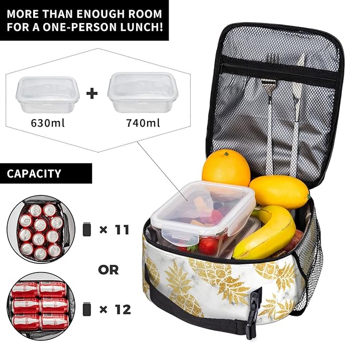 YETTA YANG Marble Gold Pineapple Portable Lunch Bag Insulated Lunch Box Reusable Totes For Women Men Work Picnic Camping