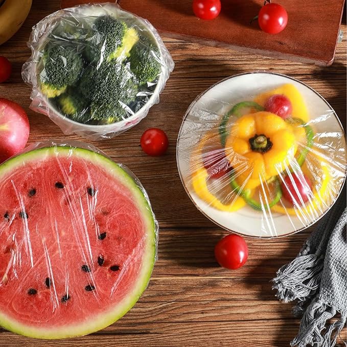 200PCS Plastic Bowl Covers Reusable, Thicken Plastic Covers Elastic Bowl Covers for Bread Proofing, Picnic Food Leftover Covers Stretch Plastic Cover Food for Family Outdoor Picnic