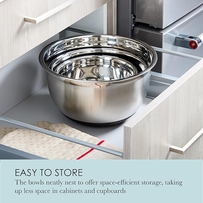 Chicago Metallic Stainless Steel Soft Base Bowls, Versatile Nesting Mixing Bowls for Every Kitchen Task, Set of 3