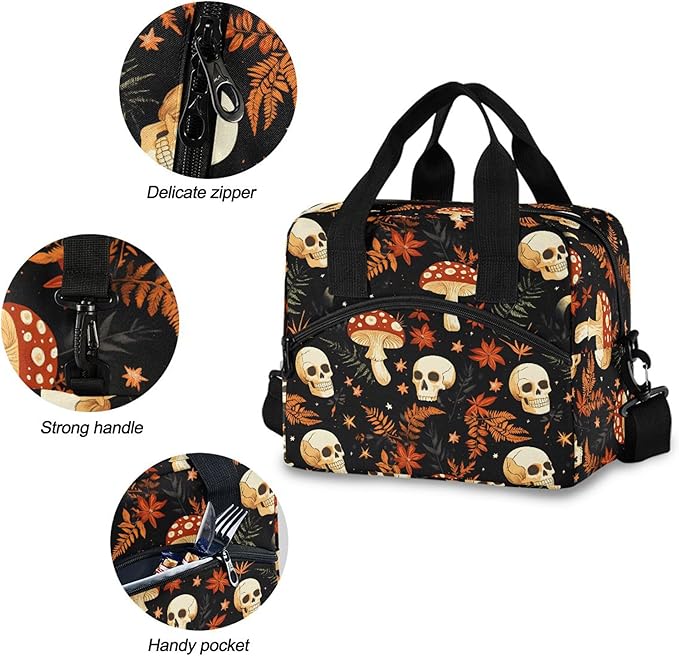 MNSRUU Insulated Lunch Bag Mushrooms Skull Women Men Fabric Dinner Tote Cooler Bag Reusable Leakproof Lunch Box with Adjustable Shoulder Handles Strap For Work School