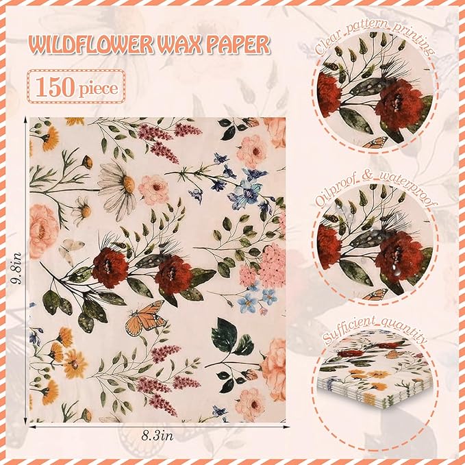 150 Sheets Wildflower Food Wax Paper, 9.8x8.3in Wildflower Red Poppy Grease Proof Deli Paper for Sandwich Snack Wrap Home Kitchen