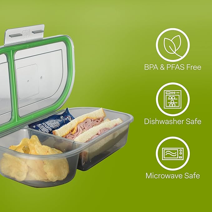 Half-Sized To-Go Divided Compartment Container, 9-1/2" X 5" X 2-1/2", Reusable, Microwave Safe, NSF Certified, Smoke/Green