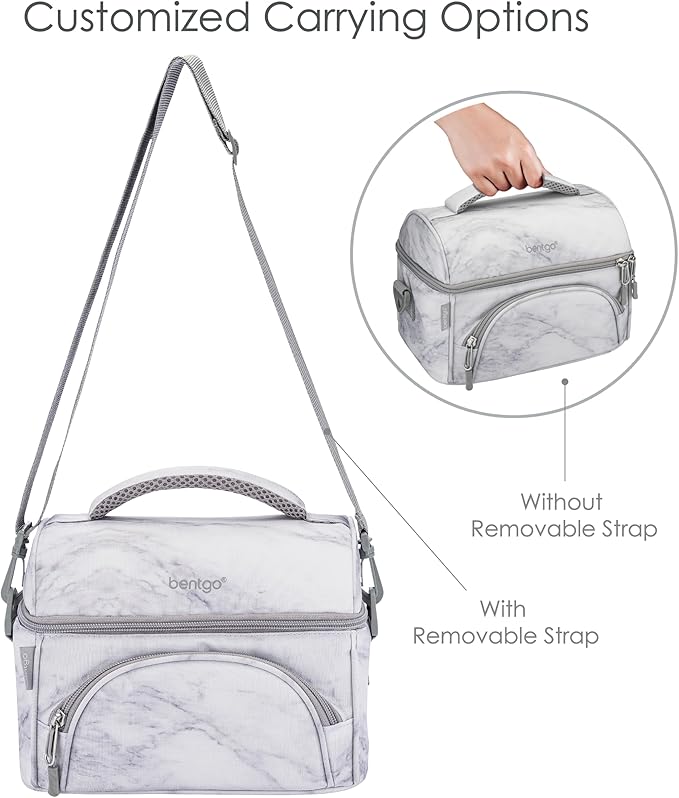 Bentgo Deluxe Lunch Bag - Durable and Insulated Lunch Tote with Zippered Outer Pocket, Internal Mesh Pocket, Padded & Adjustable Straps, & 2-Way Zippers - Fits Most Lunch Boxes (White Marble)