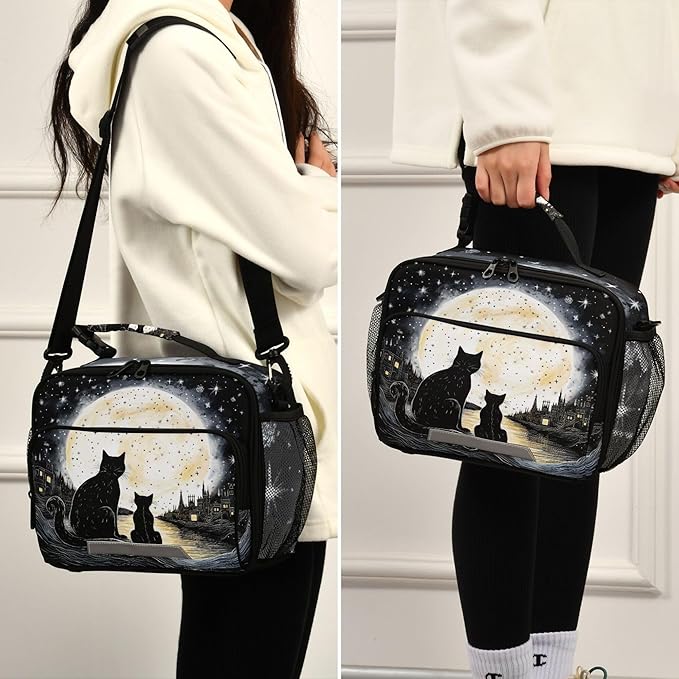 MNSRUU Student Lunch Bag Black Cat Insulated DinnerTotes Picnic Bag Lunch Box with Adjustable Shoulder Strap for Teen Kids Adults
