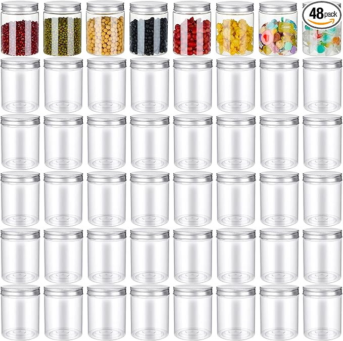 Aoriher 48 Pcs 8oz Plastic Mason Jars with Lids Round Clear Plastic Jars Containers Refillable Small Empty Storage Containers Food Canisters for Kitchen Storage(Silver)