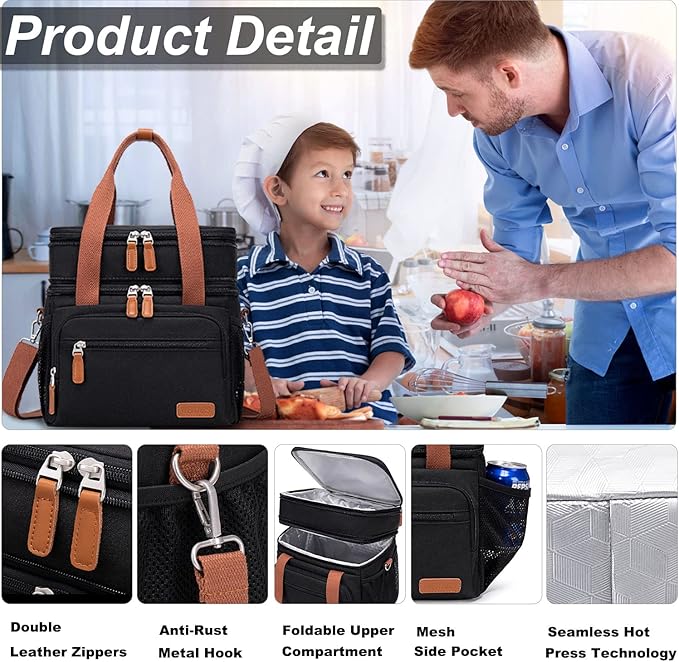 Weitars Lunch Bag For Women Men-Dual Compartment Large Lunch Box For Men Adult Lunch Box For Nurse Office Working Picnic Hiking (15L, Black/kahki)