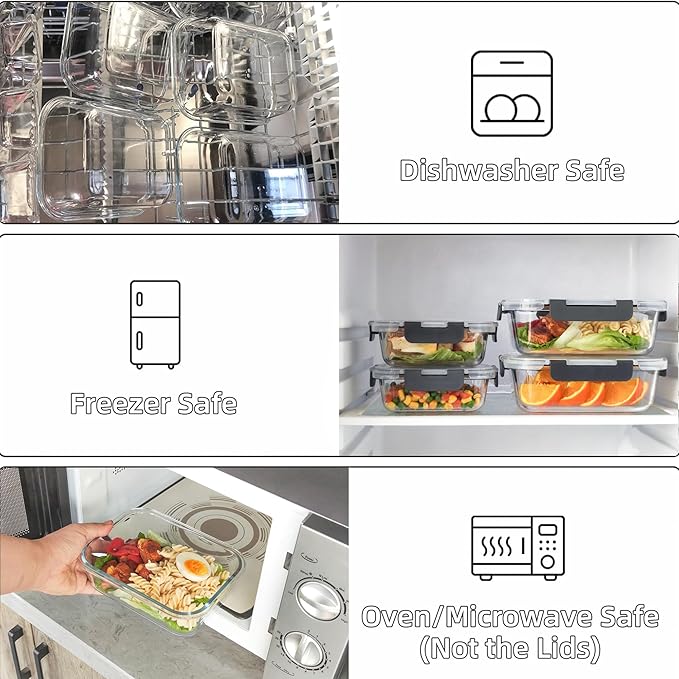 YANGNAY 10 Pack Glass Food Storage Containers, Glass Meal Prep Containers with Airtight Lids, Dishwasher/Freezer Safe Glass Containers, 2 size