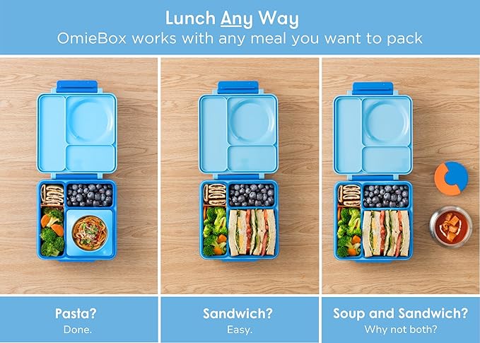 Omie OmieBox Bento Box for Kids - Insulated Lunch Box with Leak Proof Thermos Food Jar - 3 Compartments, 2 Temperature Zones (Blue Sky)