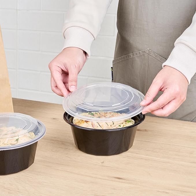 Restaurantware Asporto 32 Ounce To Go Boxes 100 Microwavable Take Out Food Containers - Clear Plastic Lids Included Do Not Contain BPA Black Plastic Catering Food Containers Disposable Round